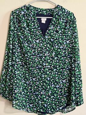 Chico's Navy Blouse with Green & Light Blue Floral Print